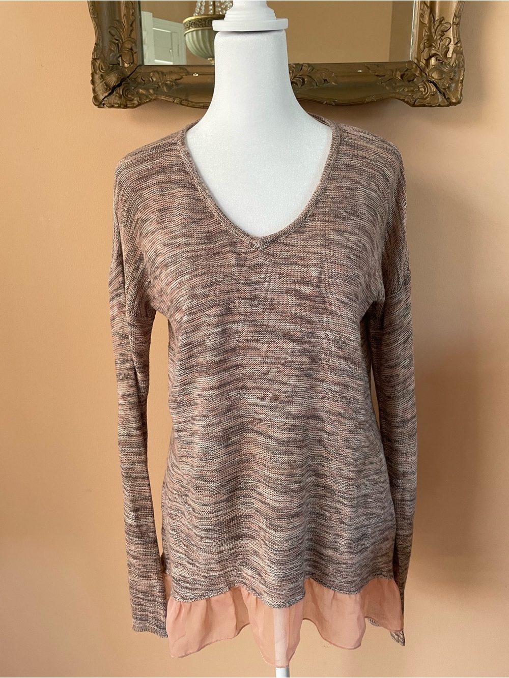 Acrylic Blend Sheer Ruffle V-Neck Sweater in Heathered Blush Tones. M